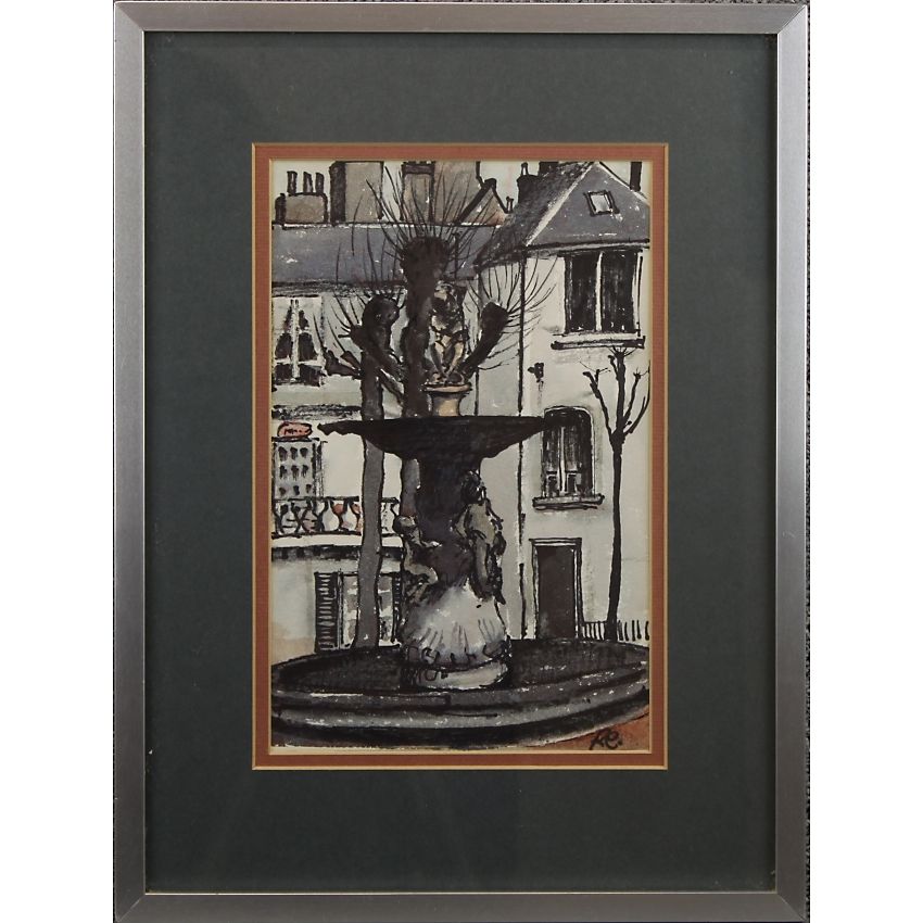 
Original Signed Framed Dated Pen Ink Architecture Painting Pollard Tree Fountain - Full Image